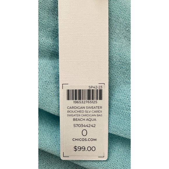 Chicos Rushed Sleeve Cardigan Women 0 Small Beach Aqua Sweater Sheer NWT - Picture 7 of 9